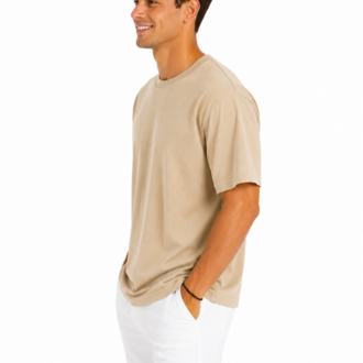 Erkek Tam Oversize Kalıp Kalın Dokulu %100 Organik Pamuk Bisiklet Ribana Yakalı Bej T-Shirt