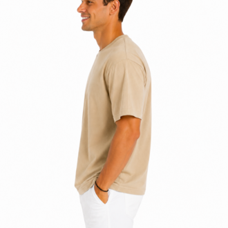 Erkek Tam Oversize Kalıp Kalın Dokulu %100 Organik Pamuk Bisiklet Ribana Yakalı Bej T-Shirt