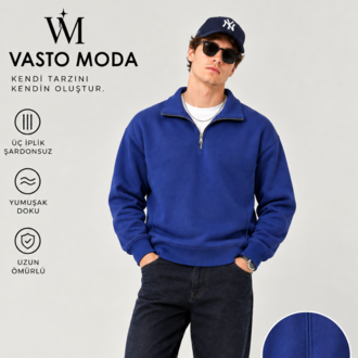 Vasto Moda Erkek Oversize Kalın Dokulu 3 İplik Şardonsuz Bisiklet Yakalı Basic Yarım Fermua