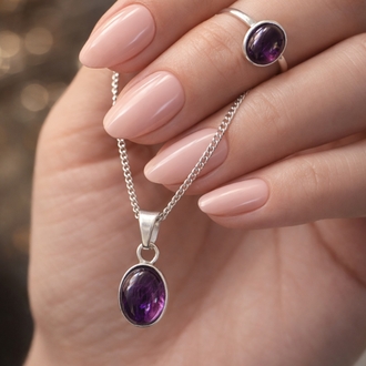 Hand made, ametist taşlı gümüş set