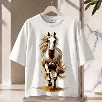  Oversize Tişört -Türk Mitolojisi Unisex At Figürlü  - %100 Pamuk