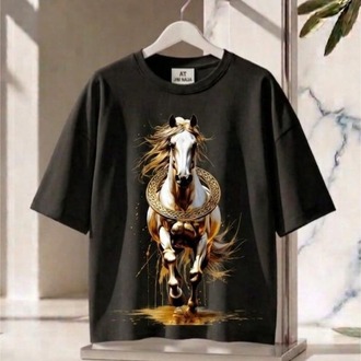  Oversize Tişört -Türk Mitolojisi Unisex At Figürlü  - %100 Pamuk