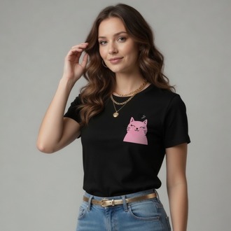 Oversize Kadın Tişört -  Sevimli Kedi Figürlü Minimalist Tasarım - %100 Pamuk
