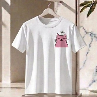 Oversize Kadın Tişört -  Sevimli Kedi Figürlü Minimalist Tasarım - %100 Pamuk