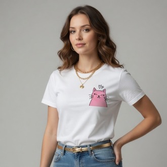 Oversize Kadın Tişört -  Sevimli Kedi Figürlü Minimalist Tasarım - %100 Pamuk