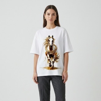  Oversize Tişört -Türk Mitolojisi Unisex At Figürlü  - %100 Pamuk