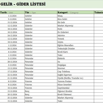 Excel'de Aile Bütçesi Gelir Gider Raporu