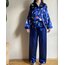 Mavi Çiçekli İpek Saten Pijama Takımı