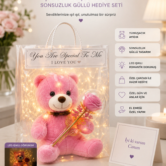 Çantalı ayıcık+Sonsuzluk gülü +Led ışıklı Set