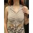 Bej Polo Yaka Önü Büzgülü Crop Top