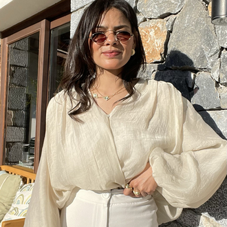 Kruvaze yaka, Tencel bej bluz
