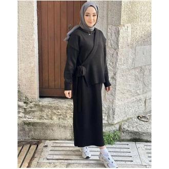 Siyah Asimetrik Yelekli İkili Elbise 135 cm