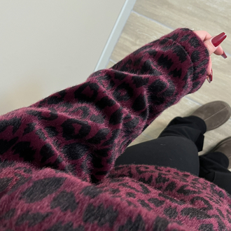 Bordo Leopar Angora Ceket