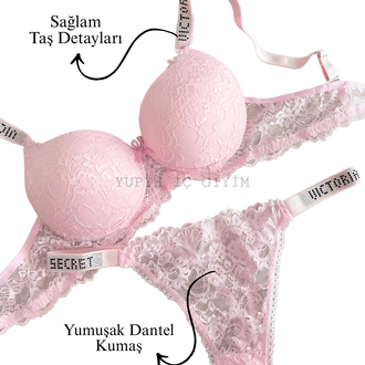 Victoria’s Secret Toz Pembe Taşlı Dantelli Sütyen Takım