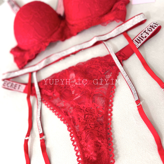 Victoria’s Secret Kırmızı Dantelli Very Sexy Shine Jartiyer Takım
