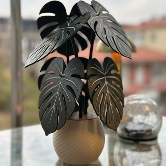 Monstera Yaprağı Tasarımlı 6'lı Dekoratif Nihale Seti ve Saksı Standı
