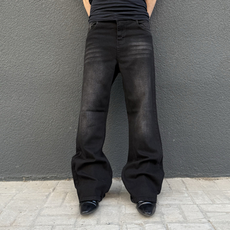 Bootcut Faded Black Flared Denim Pants with Whiskering • 