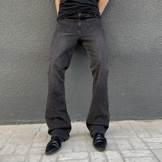 Bootcut Front Patch Pocket Flare Jeans Faded Black •