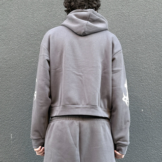 Crop Cross Sleeve Zip-Up Hoodie Charcoal •