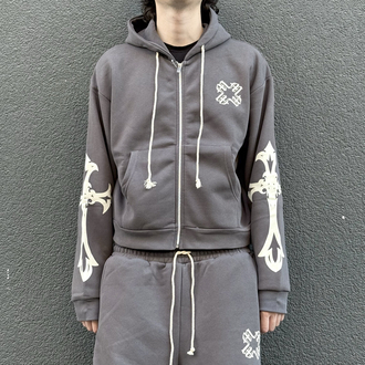 Crop Cross Sleeve Zip-Up Hoodie Charcoal •