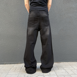 Bootcut Faded Black Flared Denim Pants with Whiskering • 