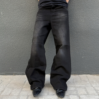 Bootcut Faded Black Flared Denim Pants with Whiskering • 