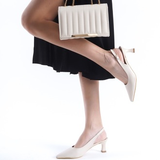Bej Arkası Açık Topuklu Stiletto Ayakkabı ve Çanta Kombini