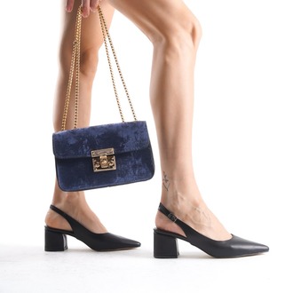 Siyah Arkası Açık Kalın Topuklu Stiletto Ve Çanta Kombin