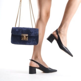 Siyah Arkası Açık Kalın Topuklu Stiletto Ve Çanta Kombin