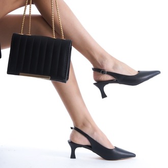  Siyah Arkası Açık Topuklu Stiletto Ayakkabı ve Çanta Kombini