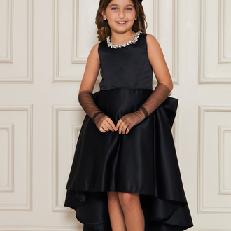 Siyah eldivenli taşlı saten elbise 10-11-12 yaş