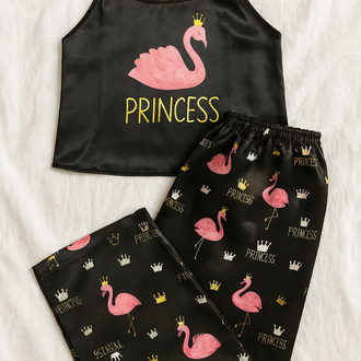 Flamingo Baskılı Saten Pijama Takımı 
