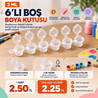 6'lı Boş Boya Kutusu (3 ml) (1 Paket İçerisinde 25 Adet 6'lı Boş Kutu Bulunmaktadır)