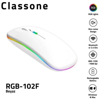 Classone RGB-102F Rgb Işıklı, Efektli, Silent-Sessiz, rf Kablosuz, Bluetooth Mouse - Beyaz