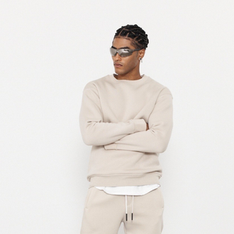 Bisiklet Yaka 3 İplik Şardonlu Pamuklu Bej Sweatshirt