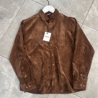 Relaxed Fit Düğmeli Kahverengi Kadife Gömlek