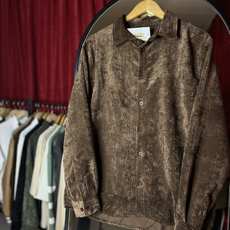 Relaxed Fit Düğmeli Kahverengi Kadife Gömlek
