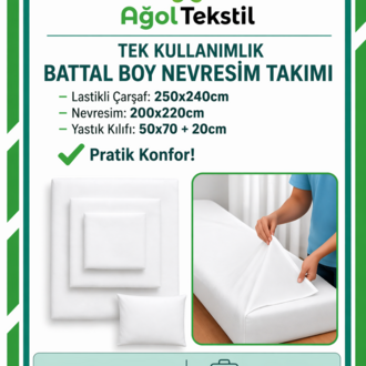 Ağol Tekstil Tek Kullanımlık Battal Boy Nevresim Takımı Lastikli Çarşaflı Beyaz