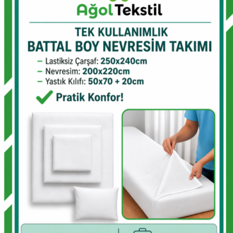 Ağol Tekstil Tek Kullanımlık Battal Boy Nevresim Takımı  Lastiksiz Çarşaflı Nonwoven Beyaz