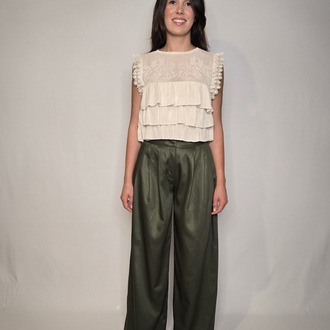 Gabardin Geniş Paça Yeşil Palazzo Pantolon 