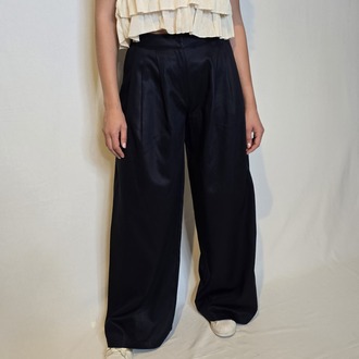 Gabardin Geniş Paça Lacivert Palazzo Pantolon 