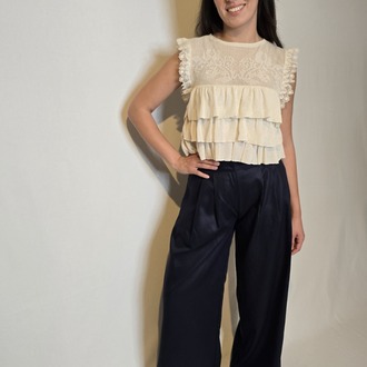 Gabardin Geniş Paça Lacivert Palazzo Pantolon 