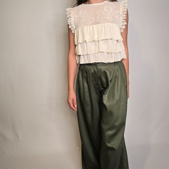 Gabardin Geniş Paça Yeşil Palazzo Pantolon 