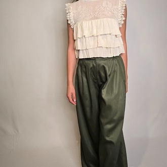 Gabardin Geniş Paça Yeşil Palazzo Pantolon 
