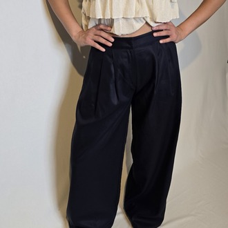Gabardin Geniş Paça Lacivert Palazzo Pantolon 