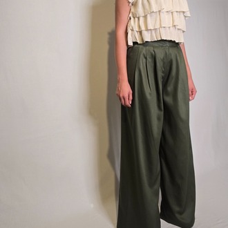 Gabardin Geniş Paça Yeşil Palazzo Pantolon 