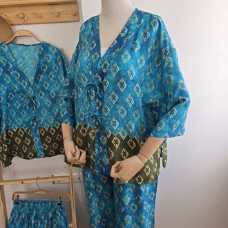 Mavi Yeşil Desenli Kimono Takımı