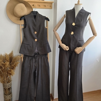 KETEN GRİ %100 COTTON TULİPA YELEK PANTOLON TAKIM