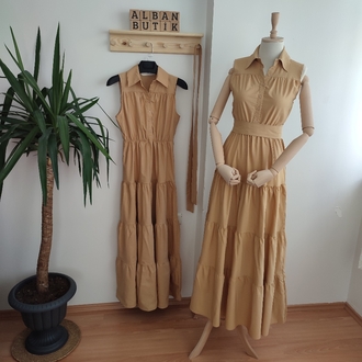 Bej Bağlamalı Poplin Kumaş Maxi Elbise