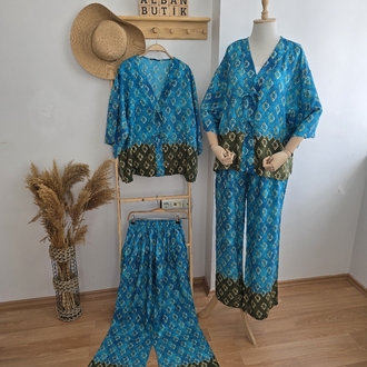 Mavi Yeşil Desenli Kimono Takımı